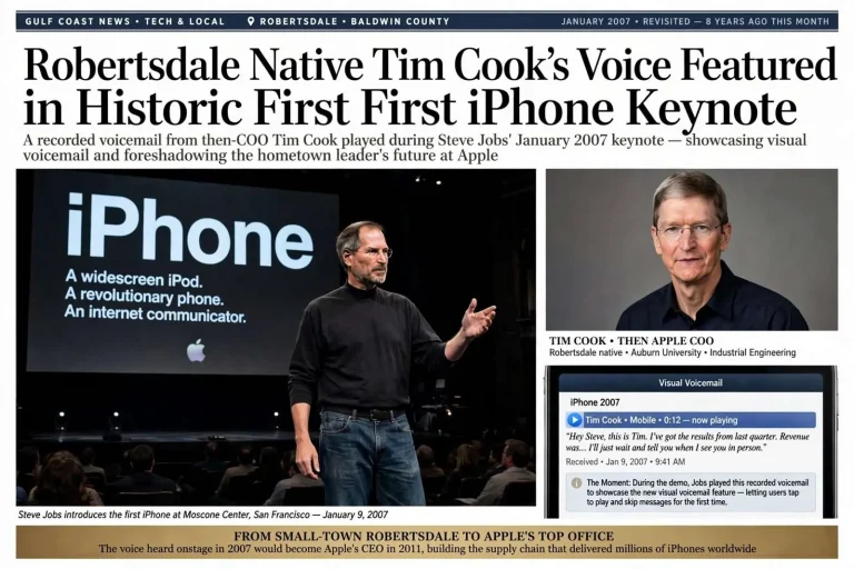 Illustration for the news story: Robertsdale Native Tim Cook’s Voice Featured in Historic First iPhone Keynote