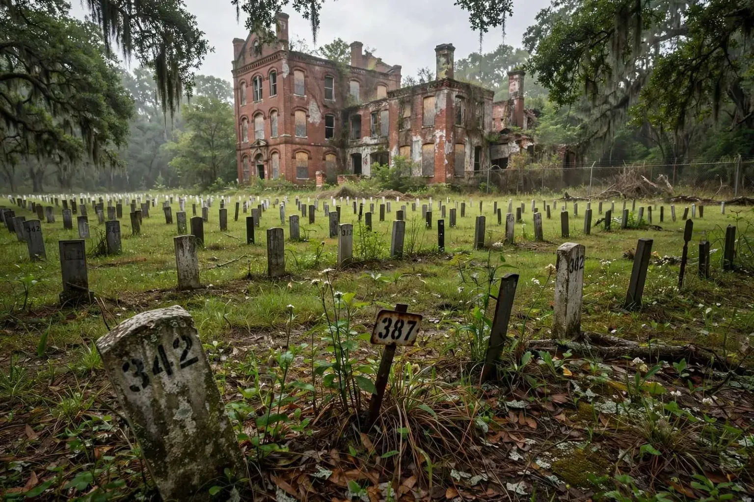 Illustration for the news story: Hundreds of Unmarked Graves at Old Searcy Hospital in Mount Vernon Slowly Fading From History