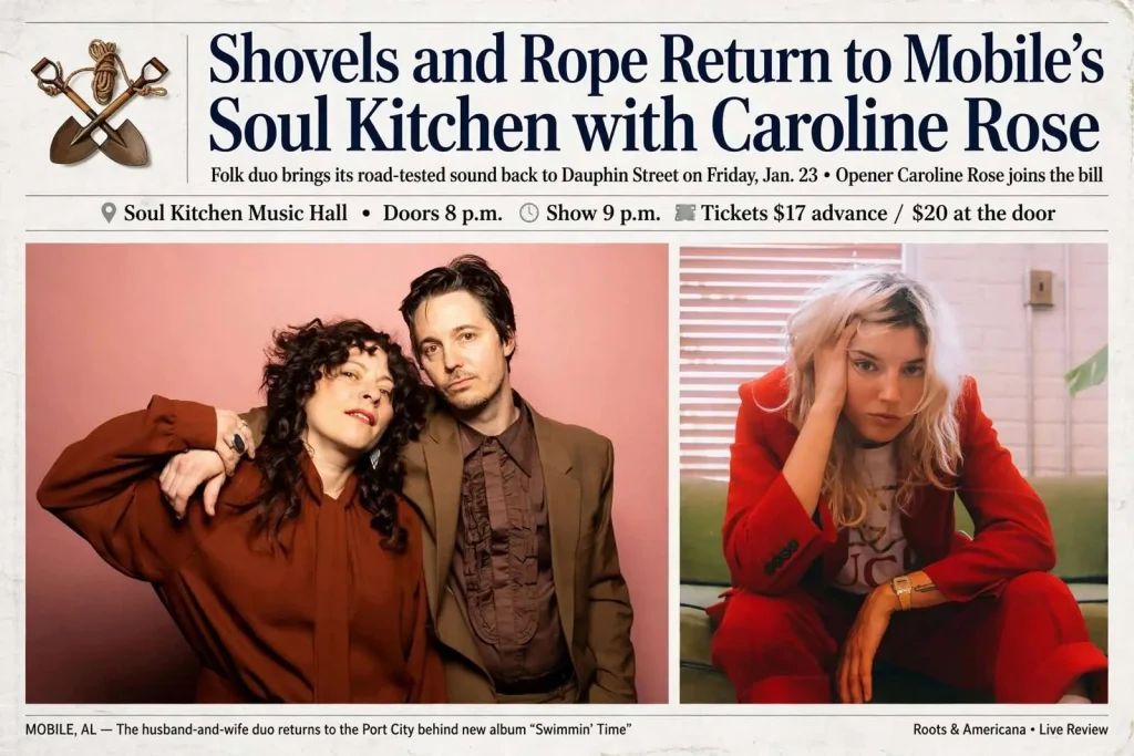 Illustration for the news story: Shovels and Rope Return to Mobile’s Soul Kitchen with Caroline Rose