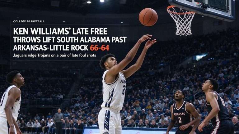 Illustration for the news story: Ken Williams’ Late Free Throws Lift South Alabama Past Arkansas-Little Rock 66-64
