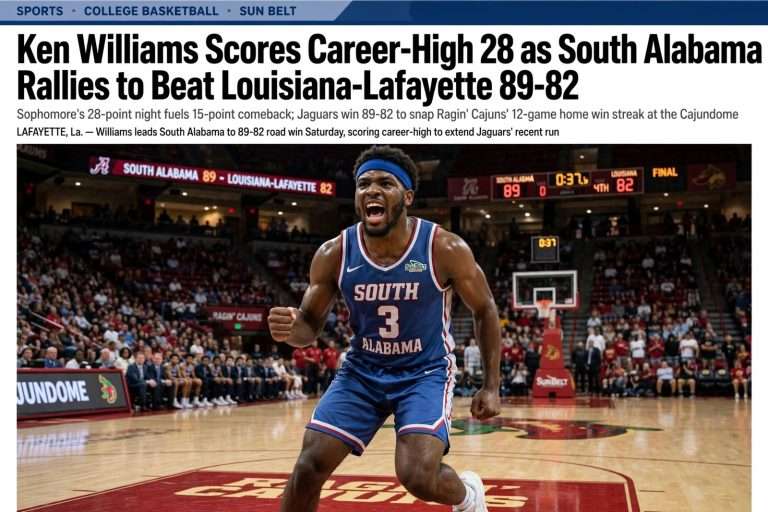 Illustration for the news story: Ken Williams Scores Career-High 28 as South Alabama Rallies to Beat Louisiana-Lafayette 89-82