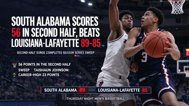Illustration for the news story: South Alabama Scores 56 in Second Half, Beats Louisiana-Lafayette 89-85 to Sweep Season Series