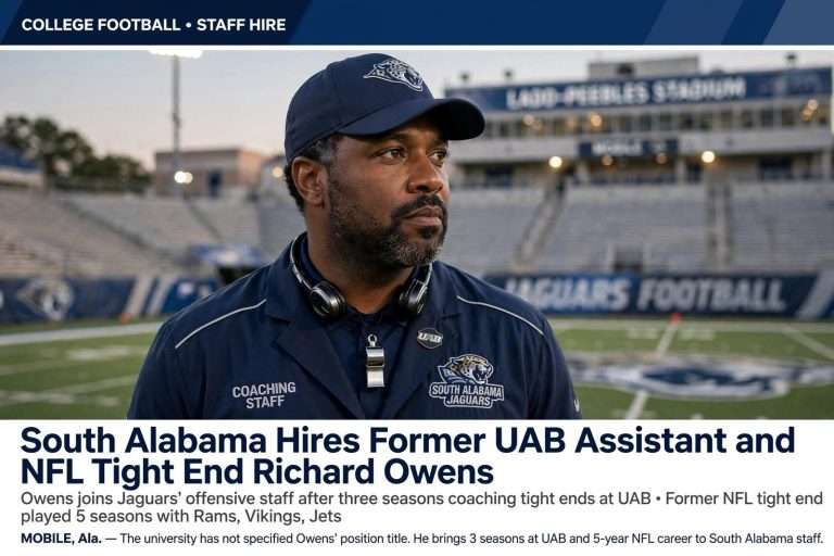 Illustration for the news story: South Alabama Hires Former UAB Assistant and NFL Tight End Richard Owens