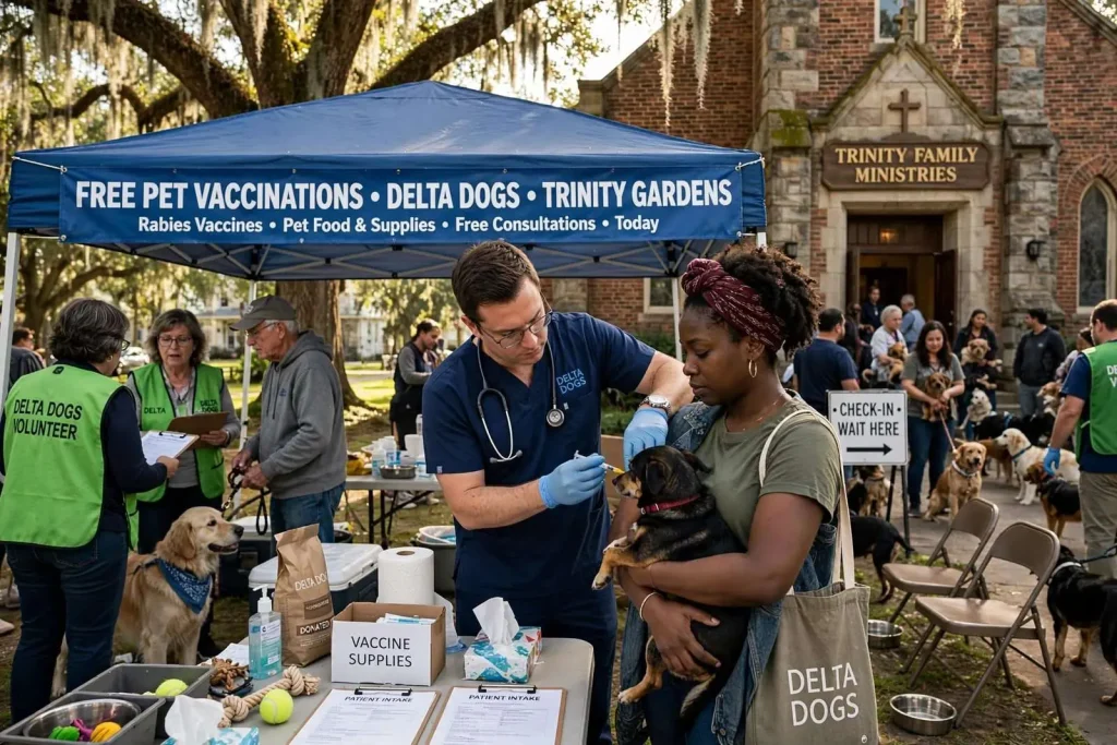 Illustration for the news story: Trinity Gardens Clinic Offers Free Pet Vaccinations to Dozens of Mobile Families
