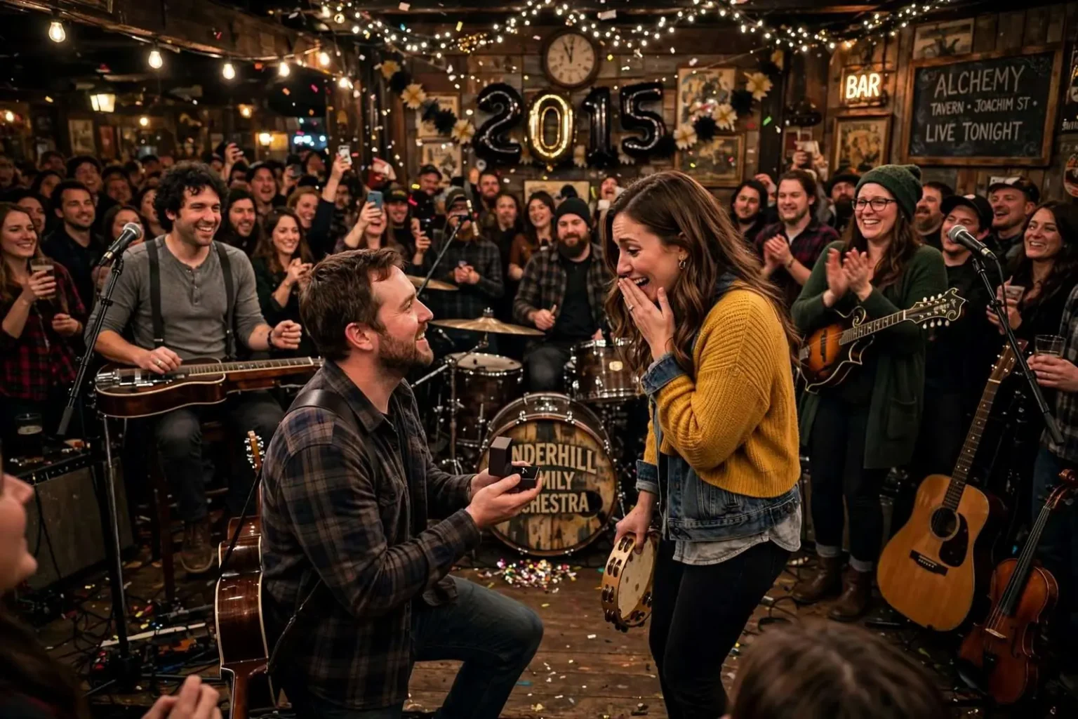 Illustration for the news story: Underhill Family Orchestra Rings In 2015 With an Onstage Proposal at Alchemy Tavern