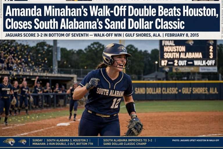 Illustration for the news story: Amanda Minahan’s Walk-Off Double Beats Houston, Closes South Alabama’s Sand Dollar Classic