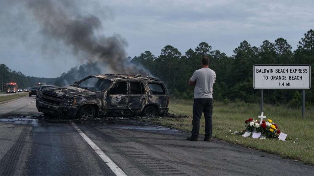 Illustration for the news story: Bystanders Attempt Daring Rescue After Fiery Crash on Baldwin Beach Express