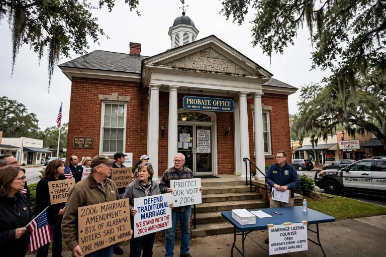 Illustration for the news story: Baldwin County Probate Judge Stops Performing Weddings as Same-Sex Marriage Becomes Legal