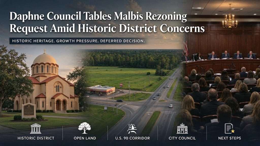 Illustration for the news story: Daphne Council Tables Malbis Rezoning Request Amid Historic District Concerns