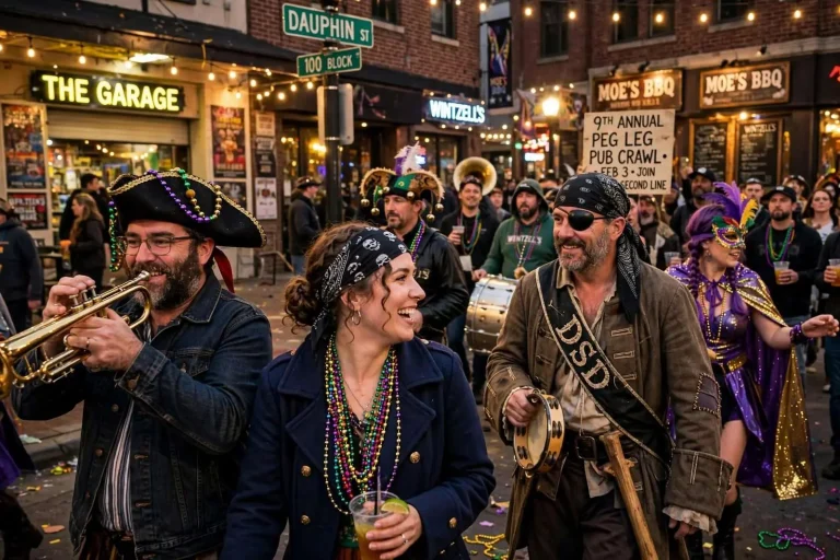 Illustration for the news story: Dauphin Street Drunks Take Their 9th Annual Peg Leg Pub Crawl Through Downtown Mobile
