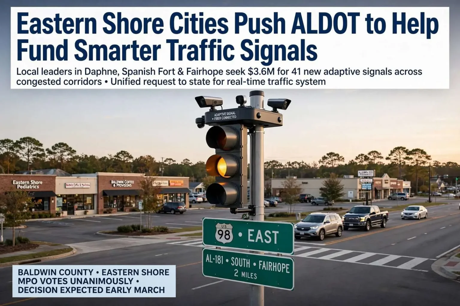 Illustration for the news story: Eastern Shore Cities Push ALDOT to Help Fund Smarter Traffic Signals