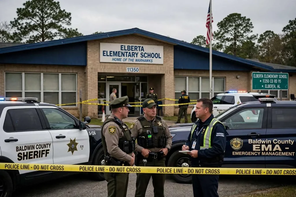 Illustration for the news story: Investigators Say Shots Fired Not Ruled Out in Elberta Elementary Lockdown