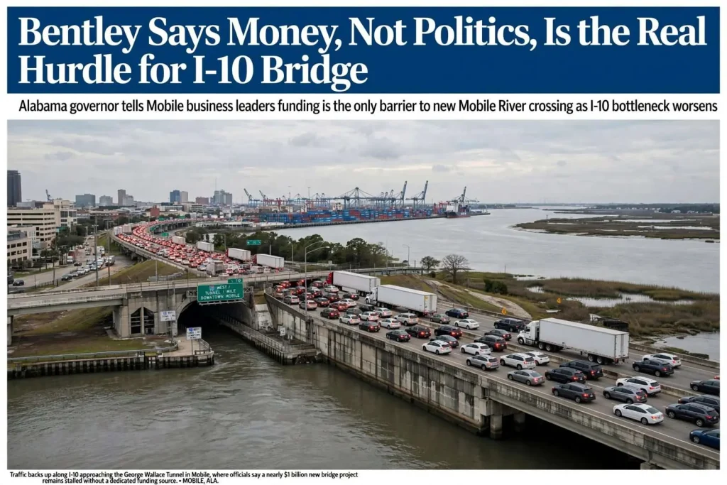 Illustration for the news story: Bentley Says Money, Not Politics, Is the Real Hurdle for I-10 Bridge