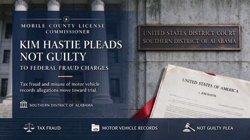 Illustration for the news story: Mobile County License Commissioner Kim Hastie Pleads Not Guilty to Federal Fraud Charges