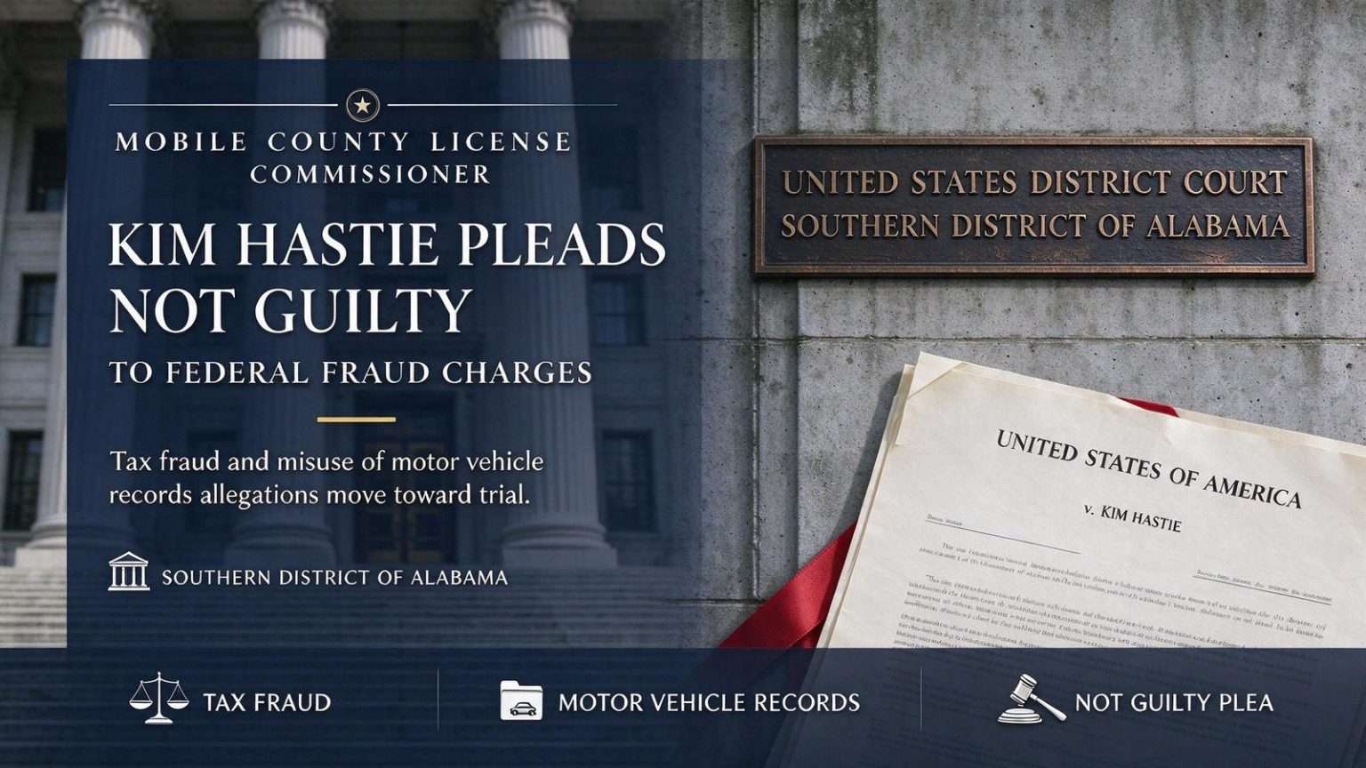 Illustration for the news story: Mobile County License Commissioner Kim Hastie Pleads Not Guilty to Federal Fraud Charges