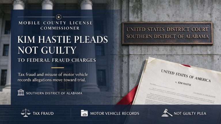 Illustration for the news story: Mobile County License Commissioner Kim Hastie Pleads Not Guilty to Federal Fraud Charges