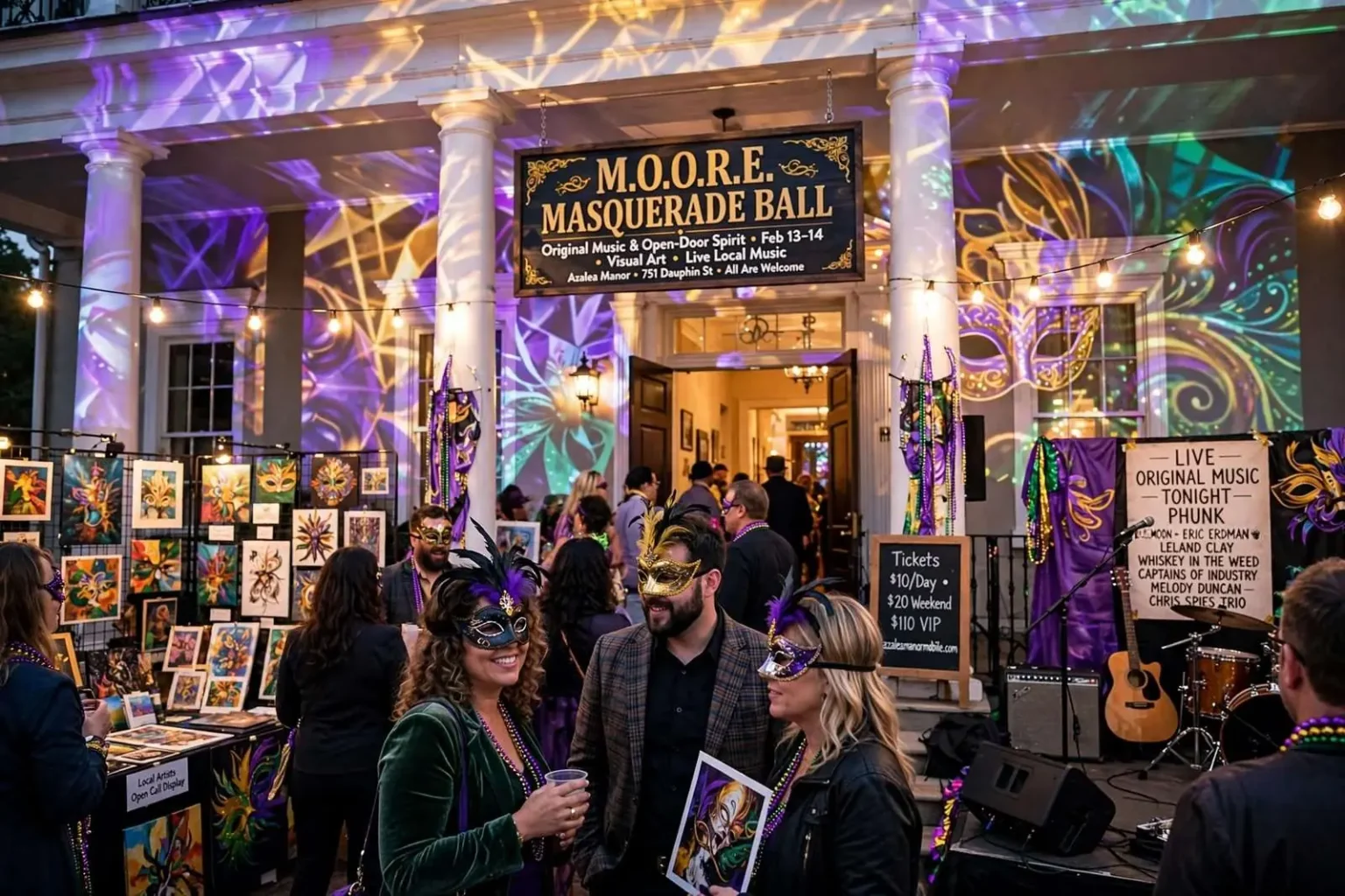 Illustration for the news story: M.O.O.R.E. Masquerade Ball Brings Original Music and Open-Door Spirit to Mobile Mardi Gras