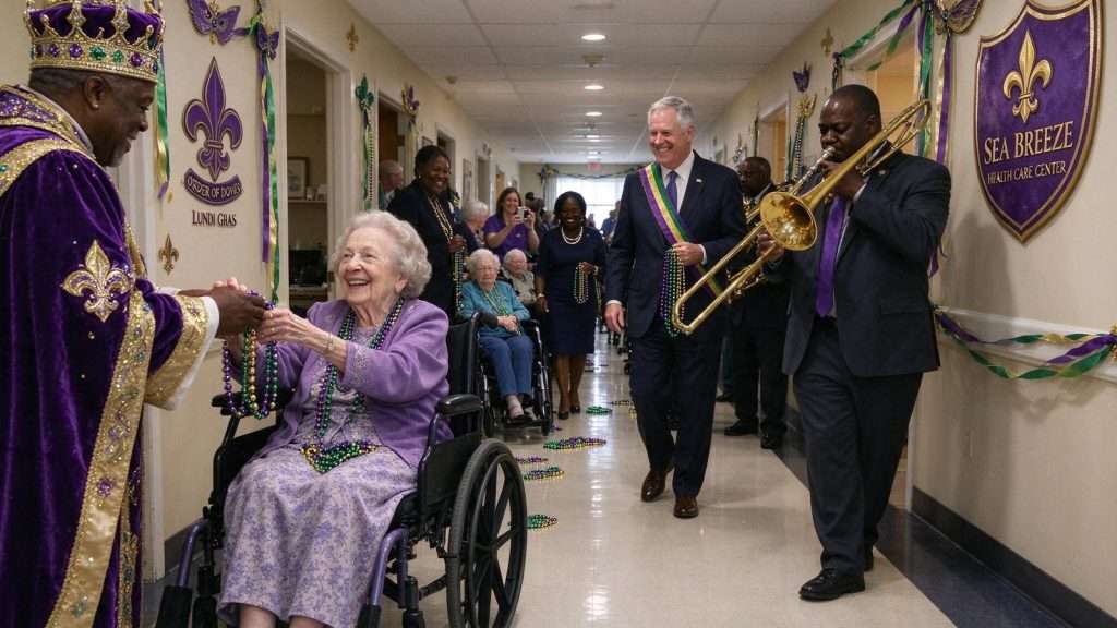 Illustration for the news story: Mardi Gras Comes to Mobile Nursing Home During Secretary of State Visit