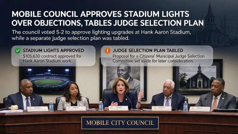 Illustration for the news story: Mobile Council Approves Stadium Lights Over Objections, Tables Judge Selection Plan