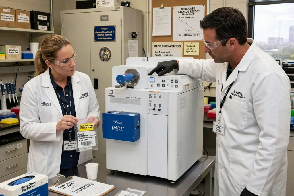 Illustration for the news story: New Drug-Testing Machine in Mobile Aims to Cut Jail Overcrowding Tied to Case Backlogs