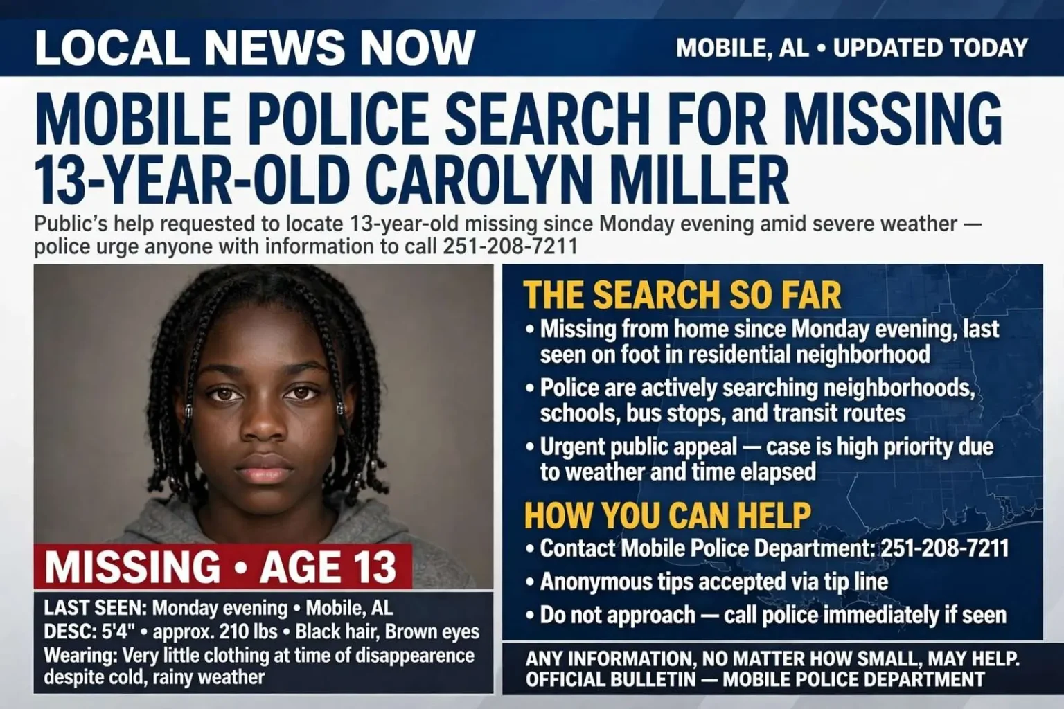 Illustration for the news story: Mobile Police Search for Missing 13-Year-Old Carolyn Miller
