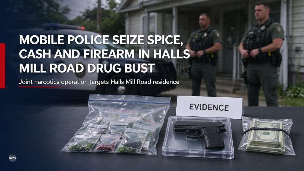 Illustration for the news story: Mobile Police Seize Spice, Cash and Firearm in Halls Mill Road Drug Bust