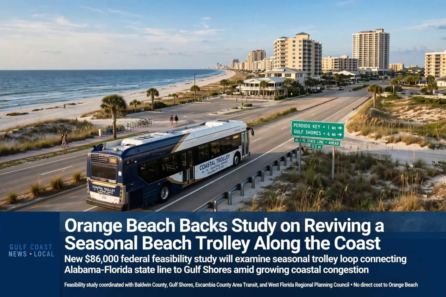 Illustration for the news story: Orange Beach Backs Study on Reviving a Seasonal Beach Trolley Along the Coast
