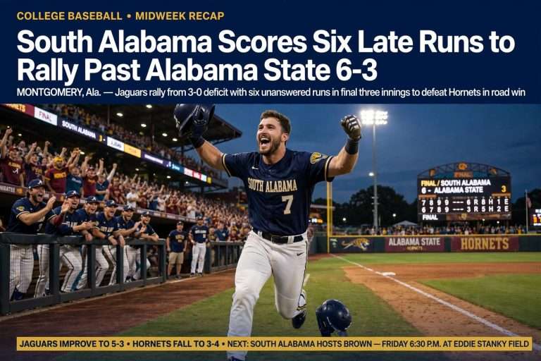 Illustration for the news story: South Alabama Scores Six Late Runs to Rally Past Alabama State 6-3