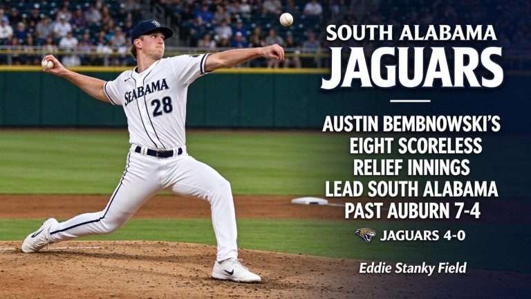 Illustration for the news story: Austin Bembnowski’s Eight Scoreless Relief Innings Lead South Alabama Past Auburn 7-4