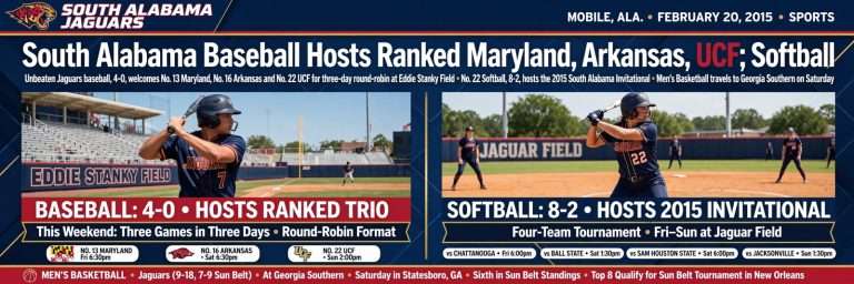 Illustration for the news story: South Alabama Baseball Hosts Ranked Maryland, Arkansas, UCF; Softball Hosts Invitational