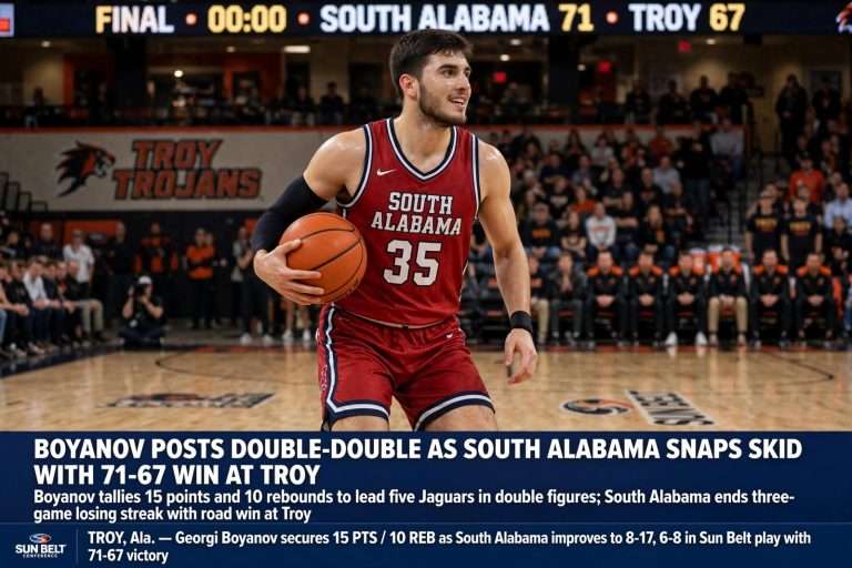 Illustration for the news story: Boyanov Posts Double-Double as South Alabama Snaps Skid With 71-67 Win at Troy