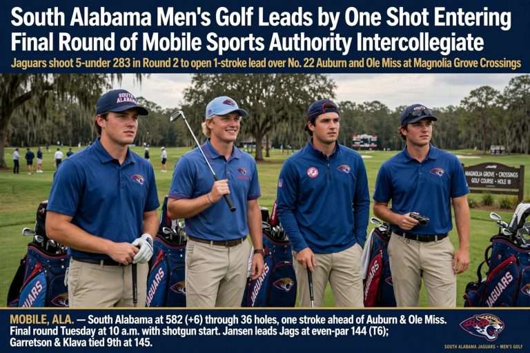 Illustration for the news story: South Alabama Men’s Golf Leads by One Shot Entering Final Round of Mobile Sports Authority Intercollegiate