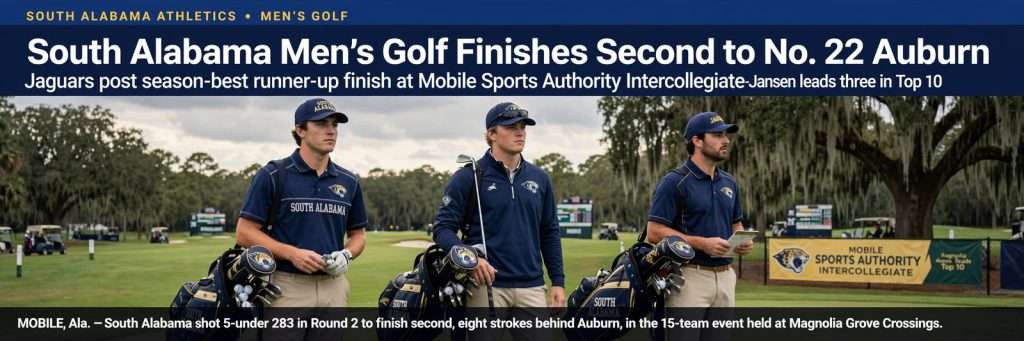 Illustration for the news story: South Alabama Men’s Golf Finishes Second to No. 22 Auburn at Mobile Sports Authority Intercollegiate