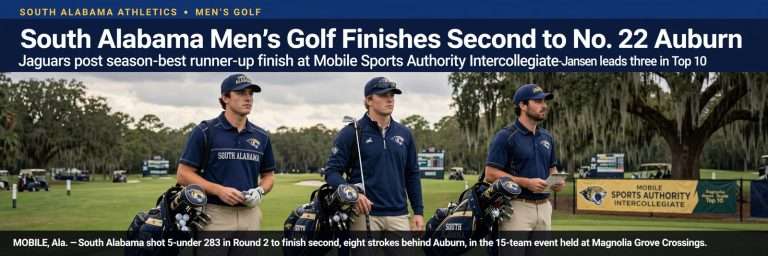 Illustration for the news story: South Alabama Men’s Golf Finishes Second to No. 22 Auburn at Mobile Sports Authority Intercollegiate