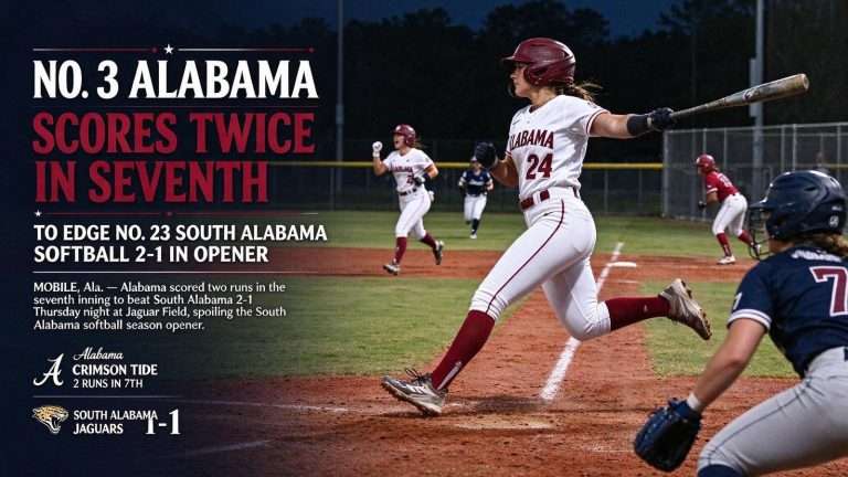 Illustration for the news story: No. 3 Alabama Scores Twice in Seventh to Edge No. 23 South Alabama Softball 2-1 in Opener