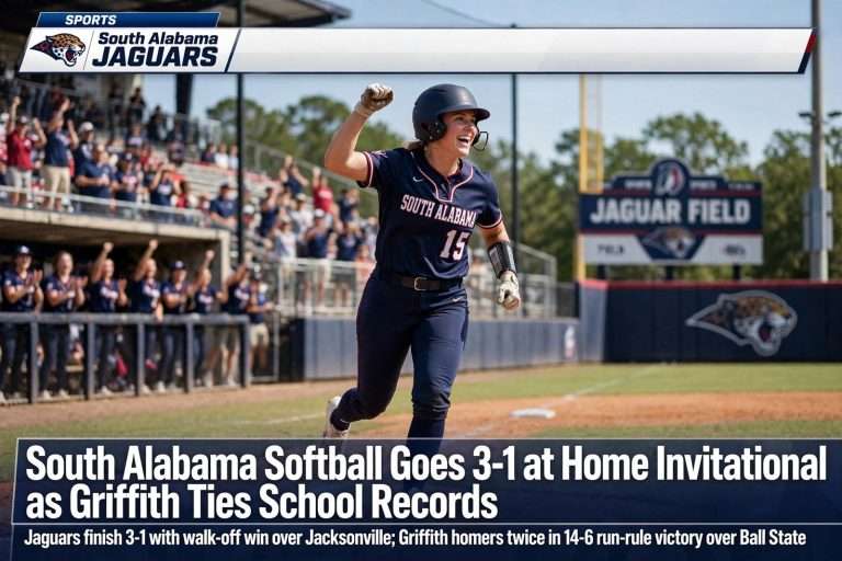 Illustration for the news story: South Alabama Softball Goes 3-1 at Home Invitational as Griffith Ties School Records