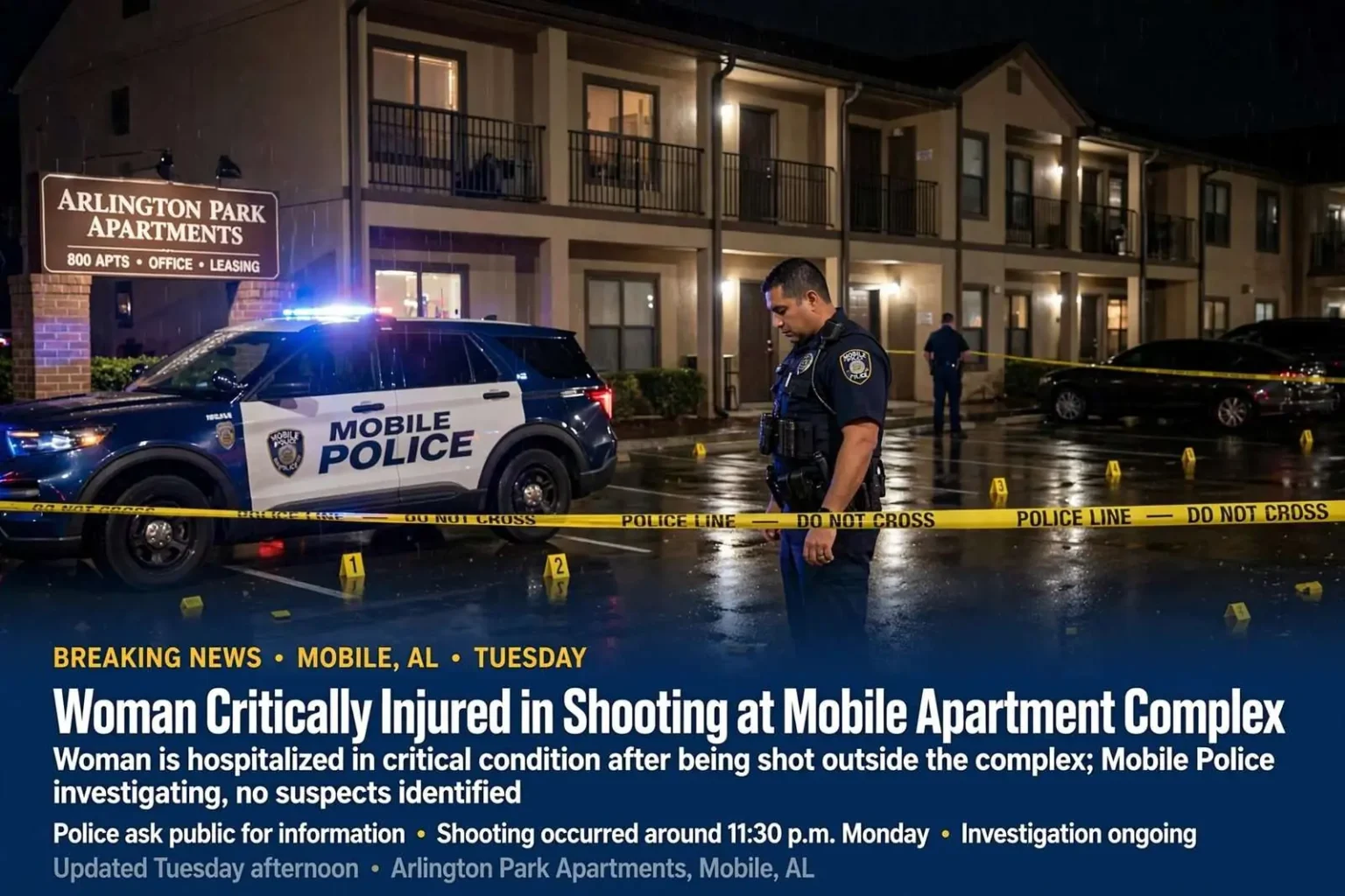 Illustration for the news story: Woman Critically Injured in Shooting at Mobile Apartment Complex