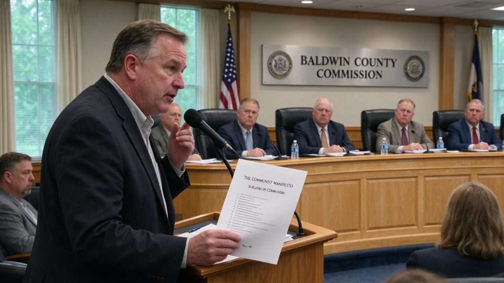 Illustration for the news story: Fairhope Developer Distributes Communist Manifesto Excerpt at Baldwin Commission Meeting