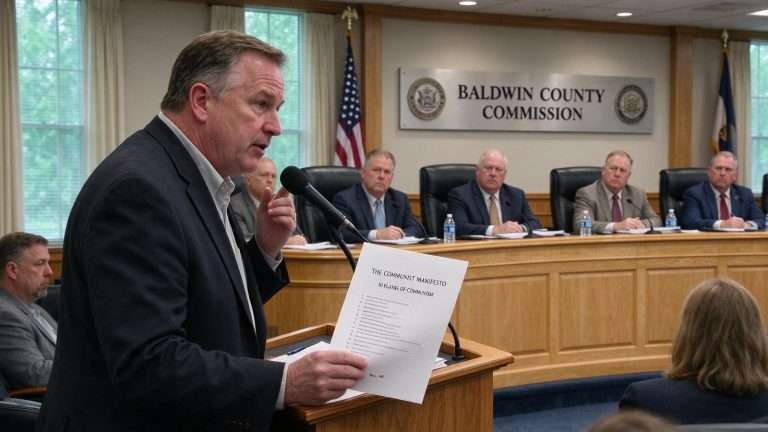 Illustration for the news story: Fairhope Developer Distributes Communist Manifesto Excerpt at Baldwin Commission Meeting