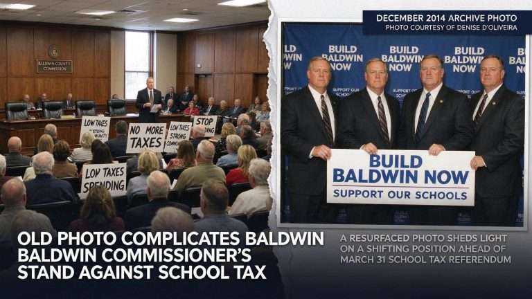 Illustration for the news story: Old Photo Complicates Baldwin Commissioner’s Stand Against School Tax