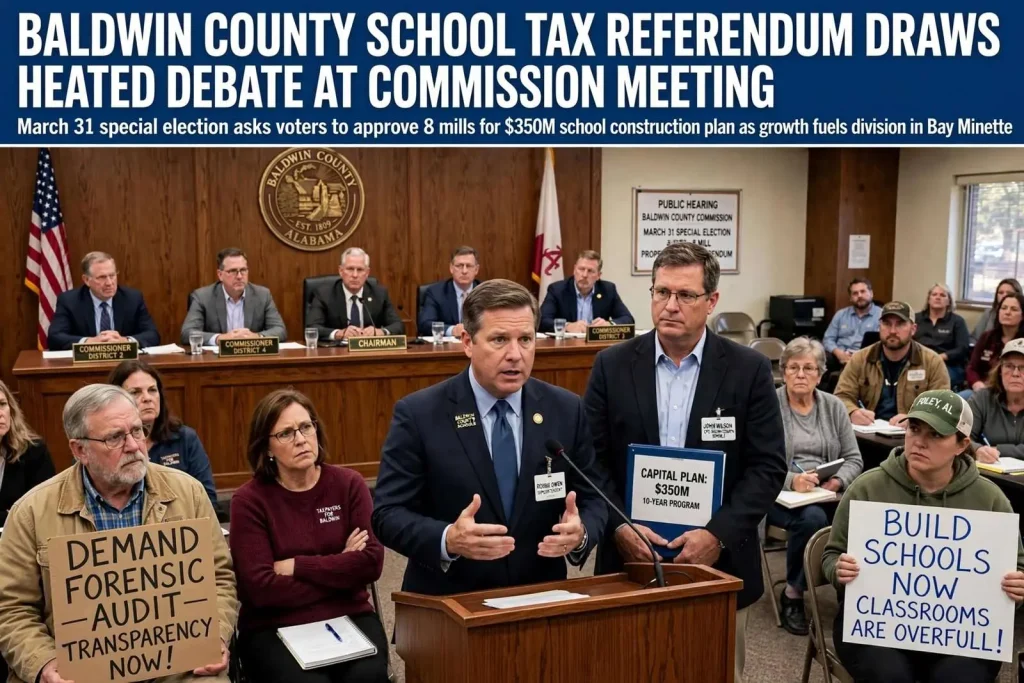 Illustration for the news story: Baldwin County School Tax Referendum Draws Heated Debate at Commission Meeting