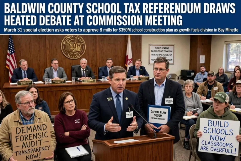Illustration for the news story: Baldwin County School Tax Referendum Draws Heated Debate at Commission Meeting