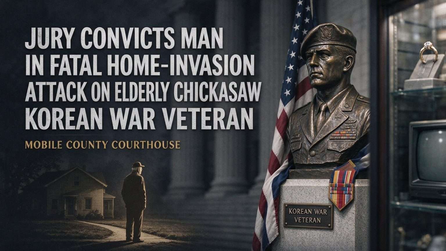 Illustration for the news story: Jury Convicts Man in Fatal Home-Invasion Attack on Elderly Chickasaw Korean War Veteran