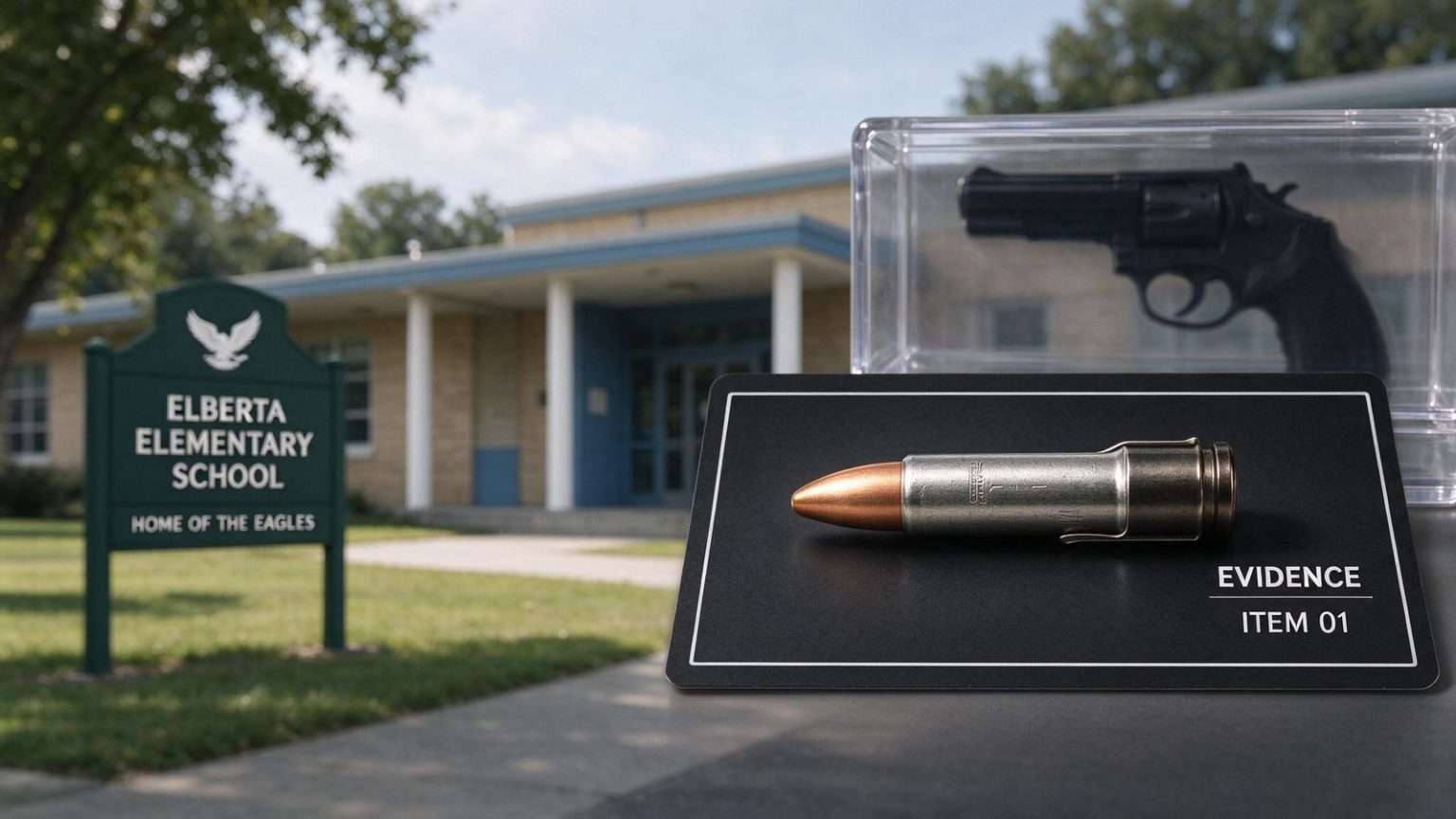 Illustration for the news story: Investigators Recover Bullet in Elberta Elementary Case, Detail Domestic Dispute