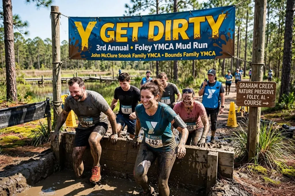 Illustration for the news story: Foley YMCA’s ‘Get Dirty’ Mud Run Draws 200-Plus Muddy Competitors