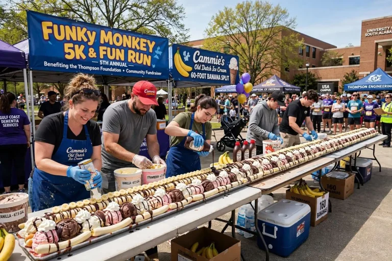 Illustration for the news story: Cammie’s Builds 60-Foot Banana Split at USA’s Funky Monkey 5K Fundraiser