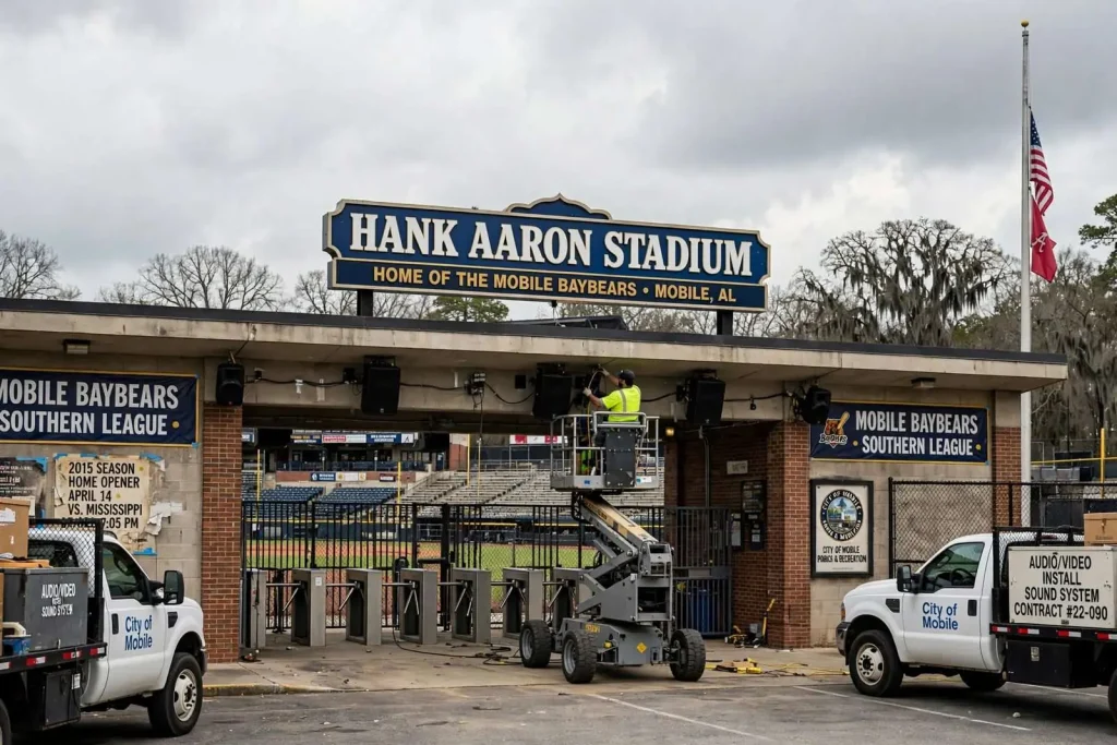 Illustration for the news story: Mobile Council Approves Hank Aaron Stadium Sound System Upgrade Amid BayBears Rent Dispute