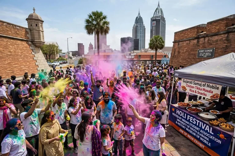Illustration for the news story: Hundreds Gather at Fort Conde for Mobile’s Colorful Holi Festival