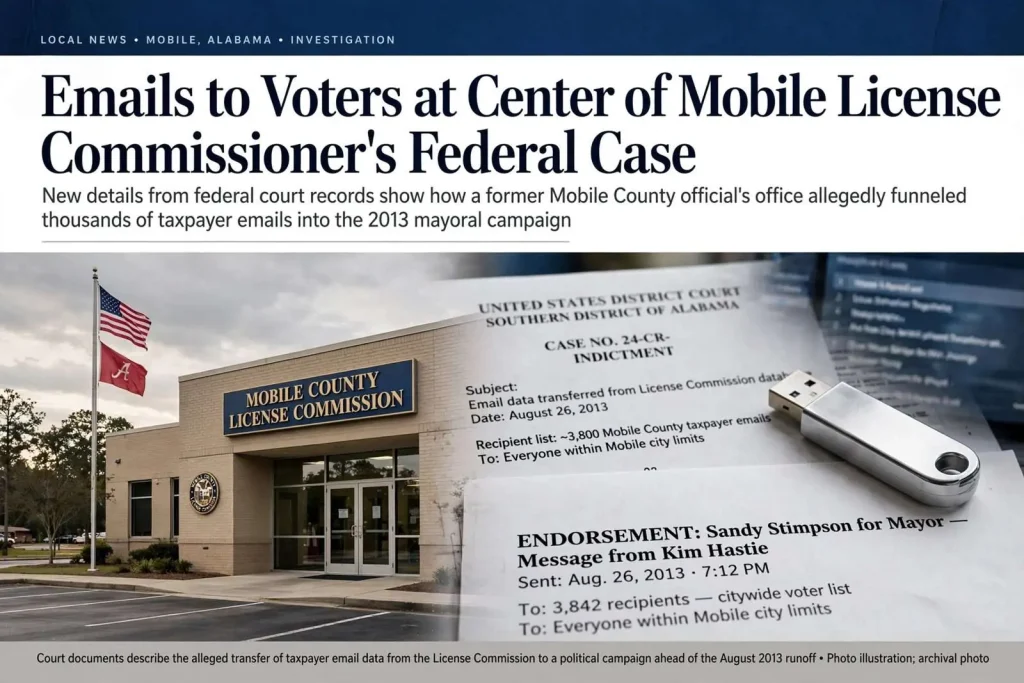 Illustration for the news story: Emails to Voters at Center of Mobile License Commissioner’s Federal Case