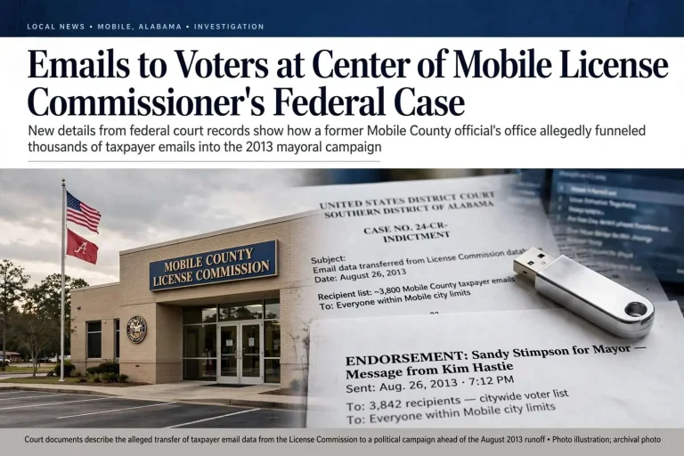 Illustration for the news story: Emails to Voters at Center of Mobile License Commissioner’s Federal Case